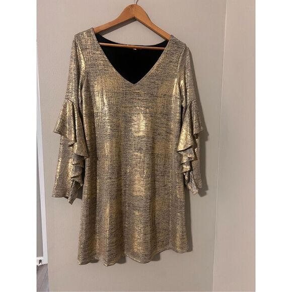Gibson Latimer S Ruffle Statement Sleeve Cocktail Mini Dress Gold Metallic Party - Picture 2 of 10